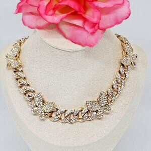 Gold Tone Iced Out Cuban Chain Link 18" Butterfly Rhinestone Necklace Choker
